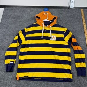 Vintage LRG Hooded Rugby Shirt Men XL Yellow Navy Blue Orange Stripe Long Sleeve